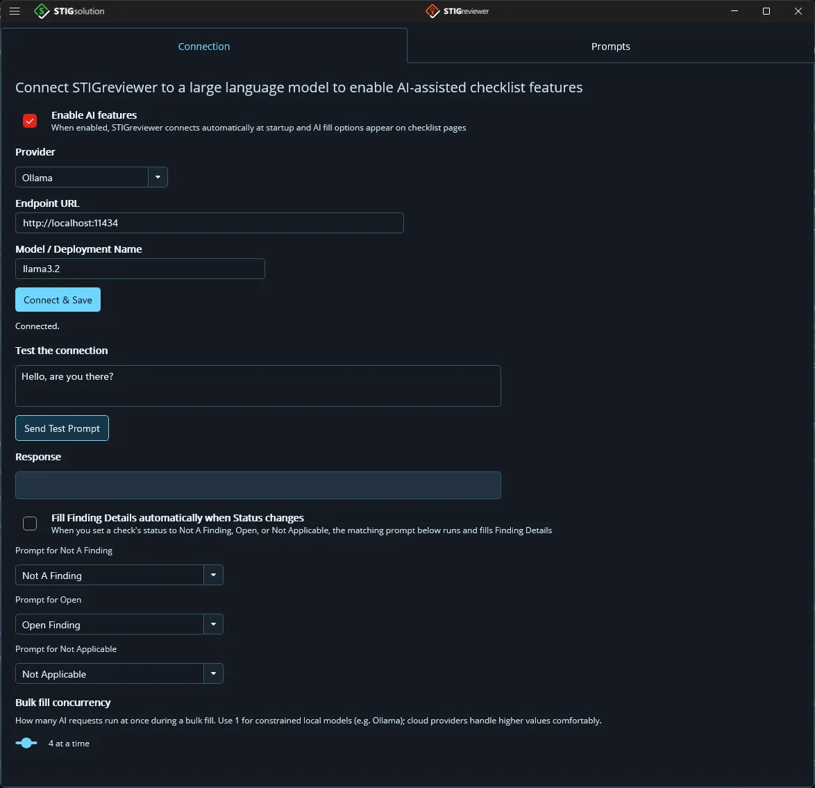 The AI settings page connected to a local Ollama model