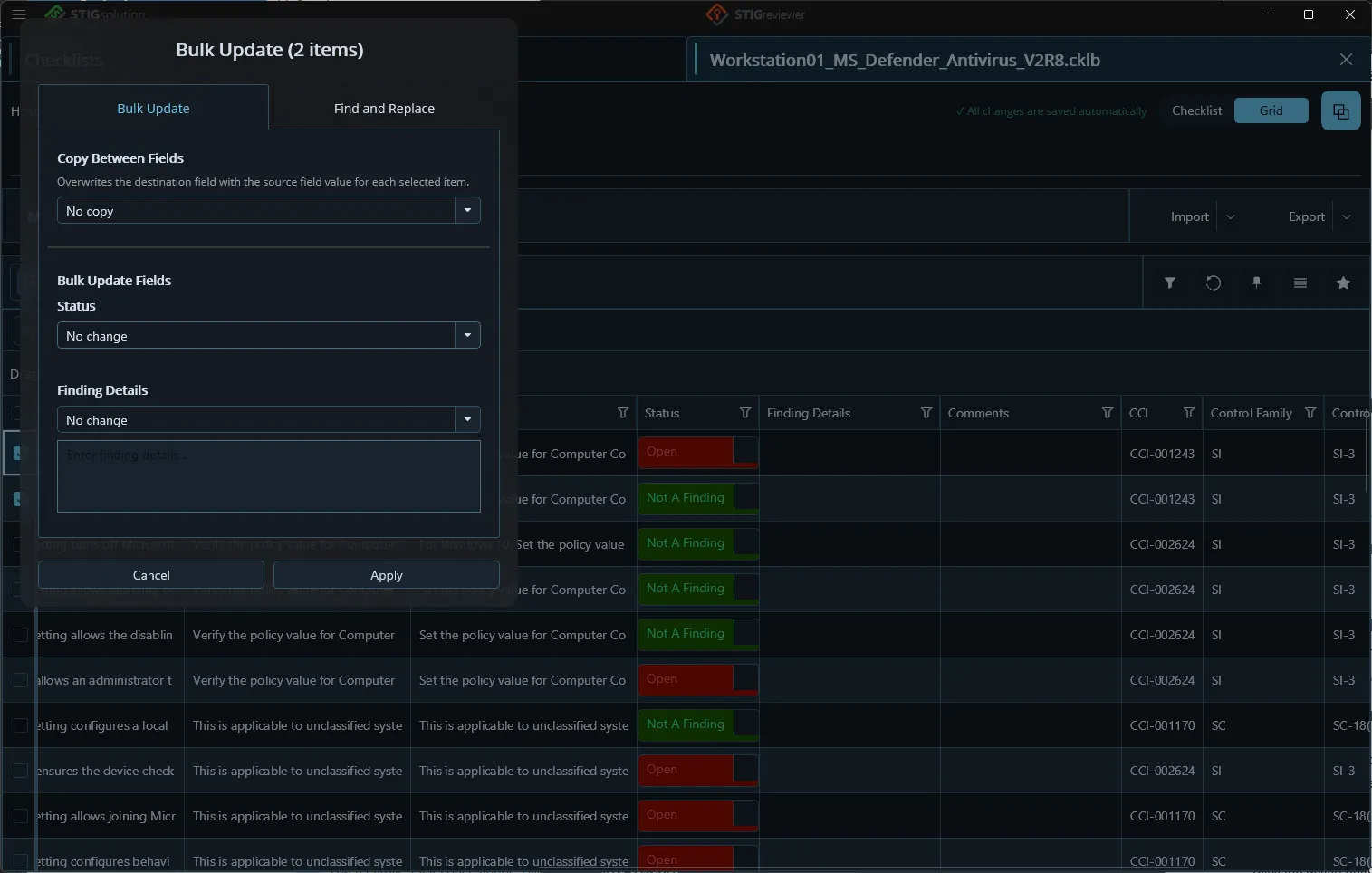 The Bulk Update dialog for two selected items