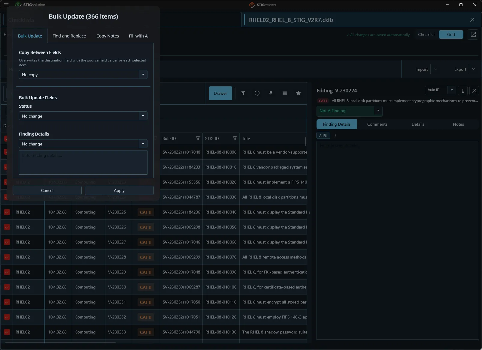 The Bulk Update dialog across a whole checklist, with the Fill with AI tab