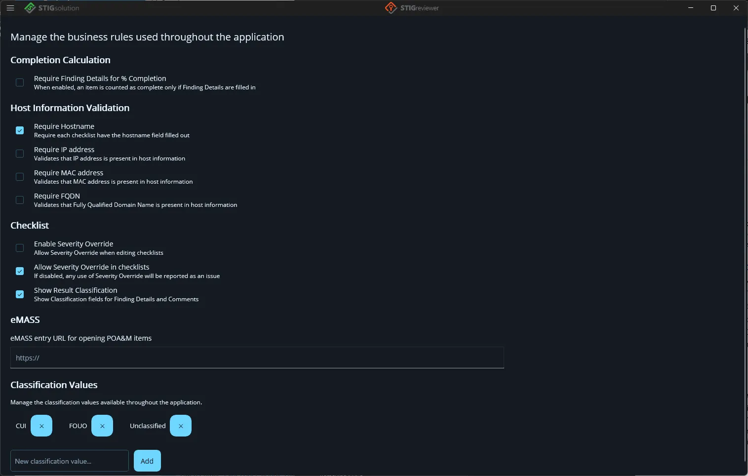 The Business Rules page