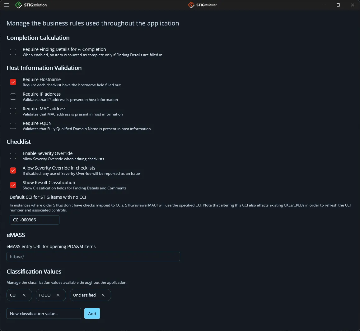 The Checklist section of the Business Rules page