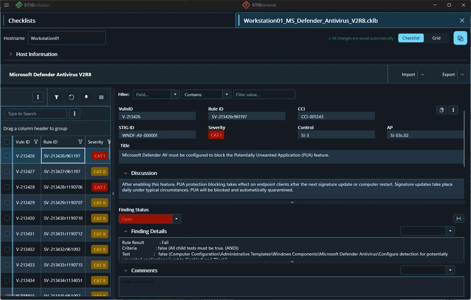 The Checklist view with vulnerability details, finding details and comments sections