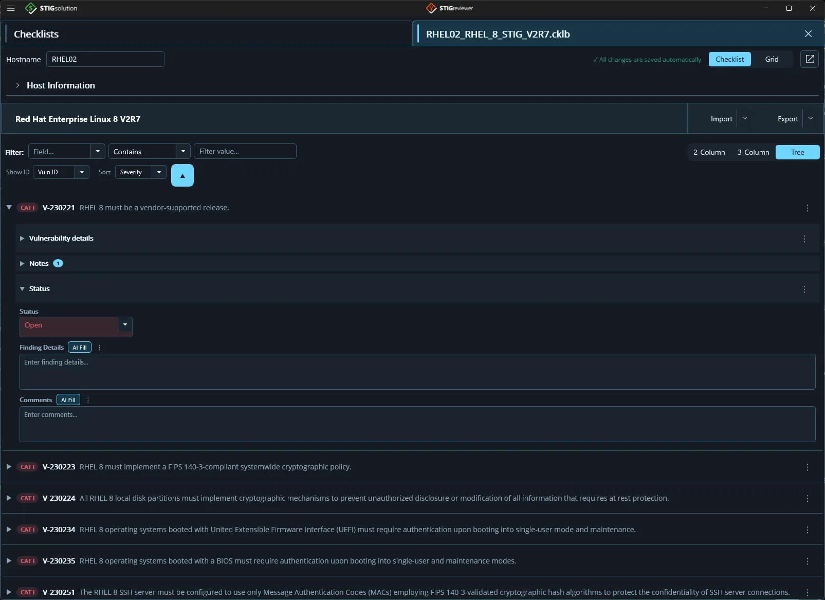 The Checklist view in tree view, with vulnerabilities in a collapsible tree
