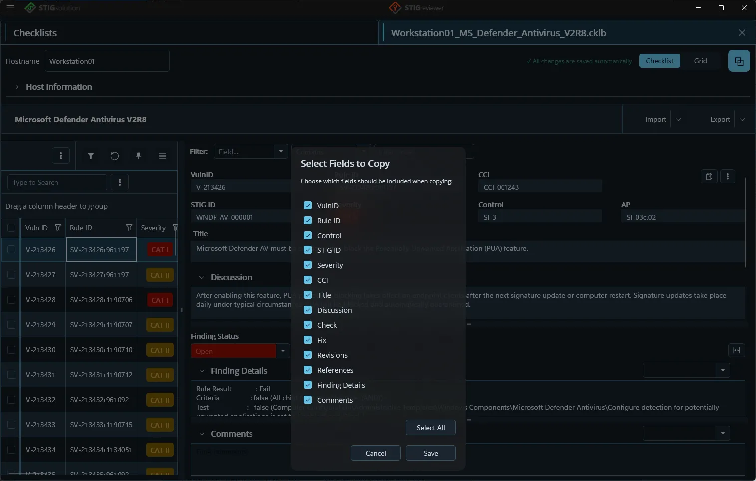 The Select Fields to Copy dialog, choosing which vulnerability fields to copy