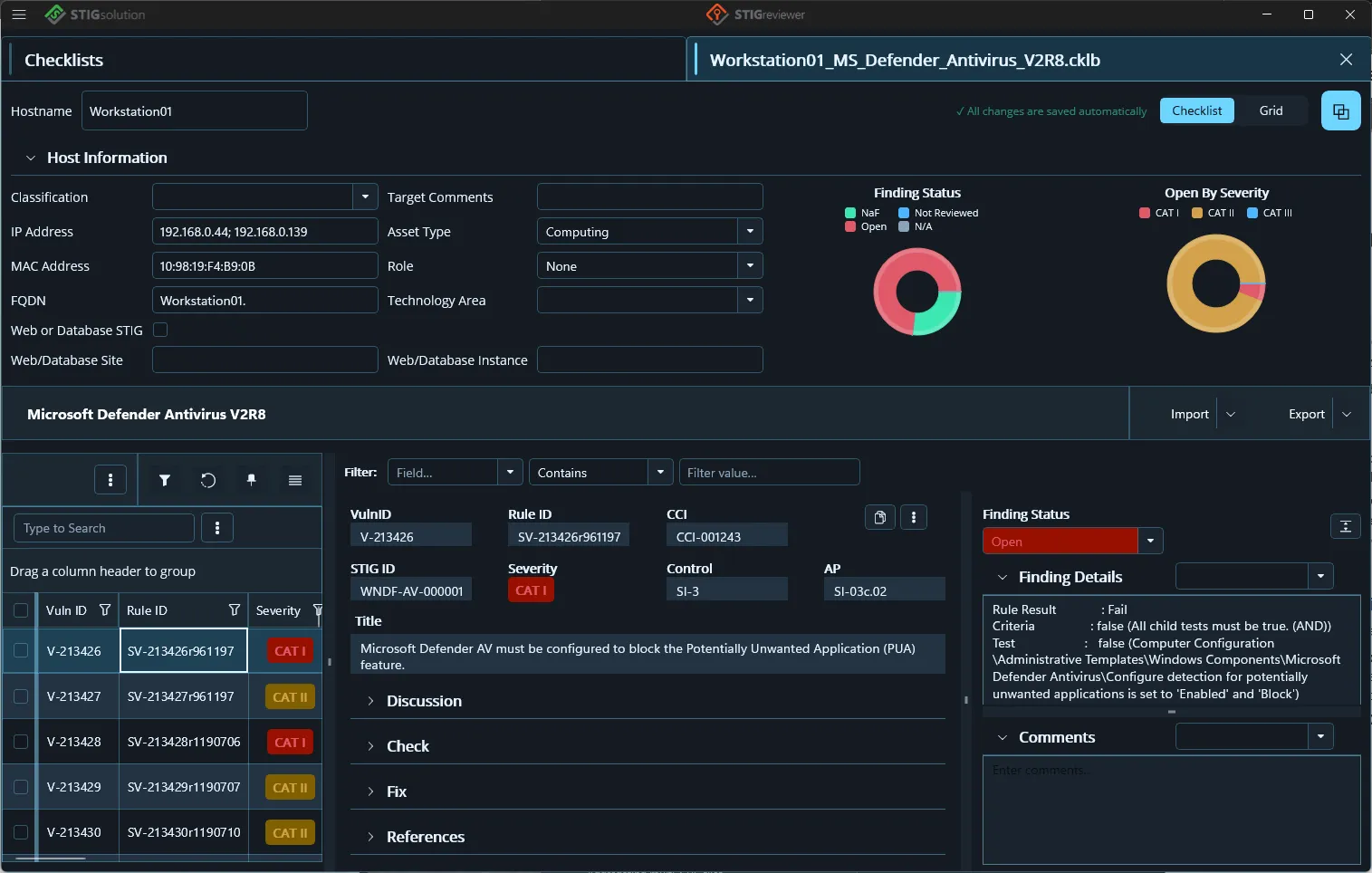 The Host Information section with finding status and severity charts