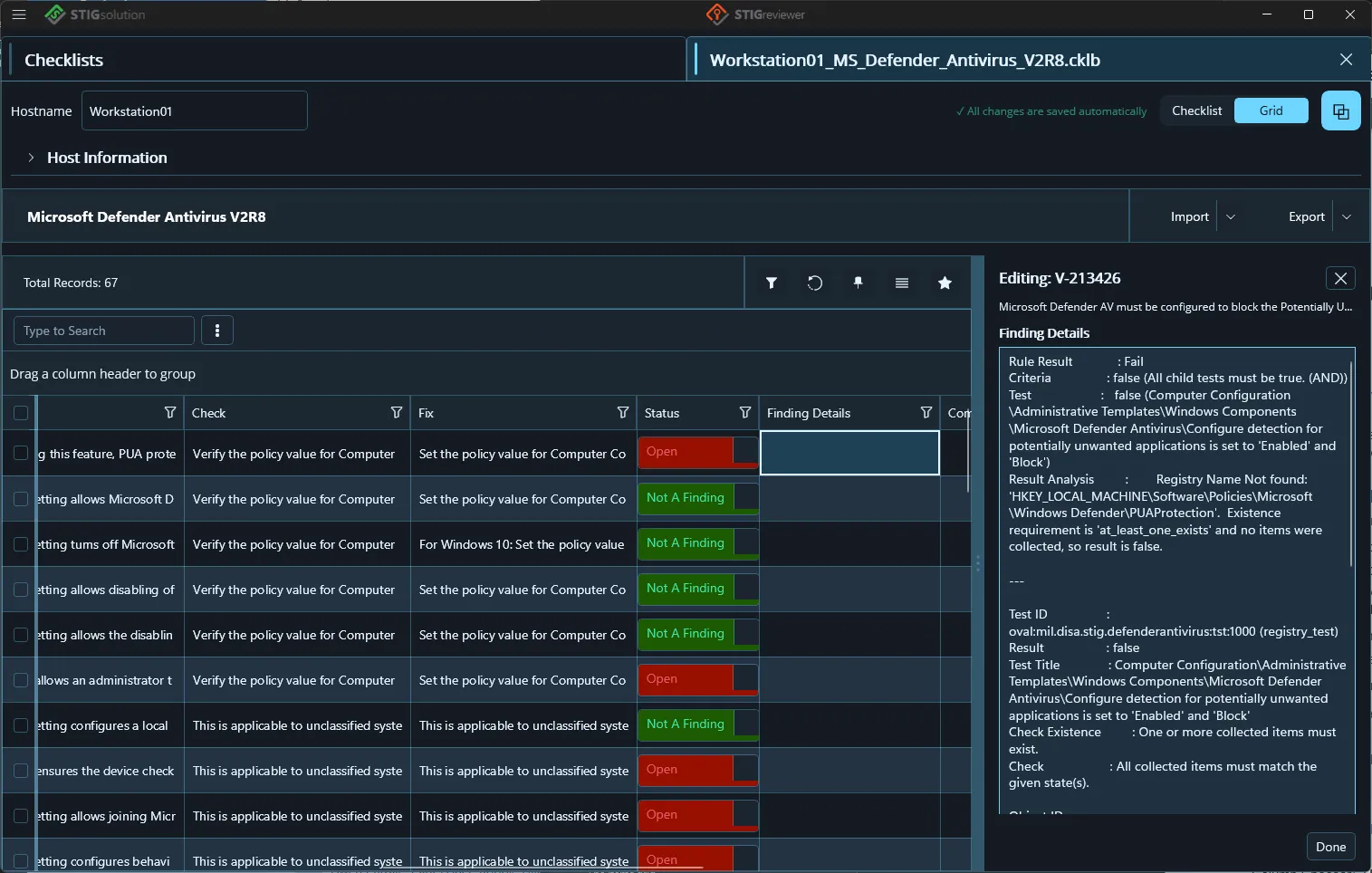 The Grid view, with checks, fixes, status and finding details in columns and the editing drawer open