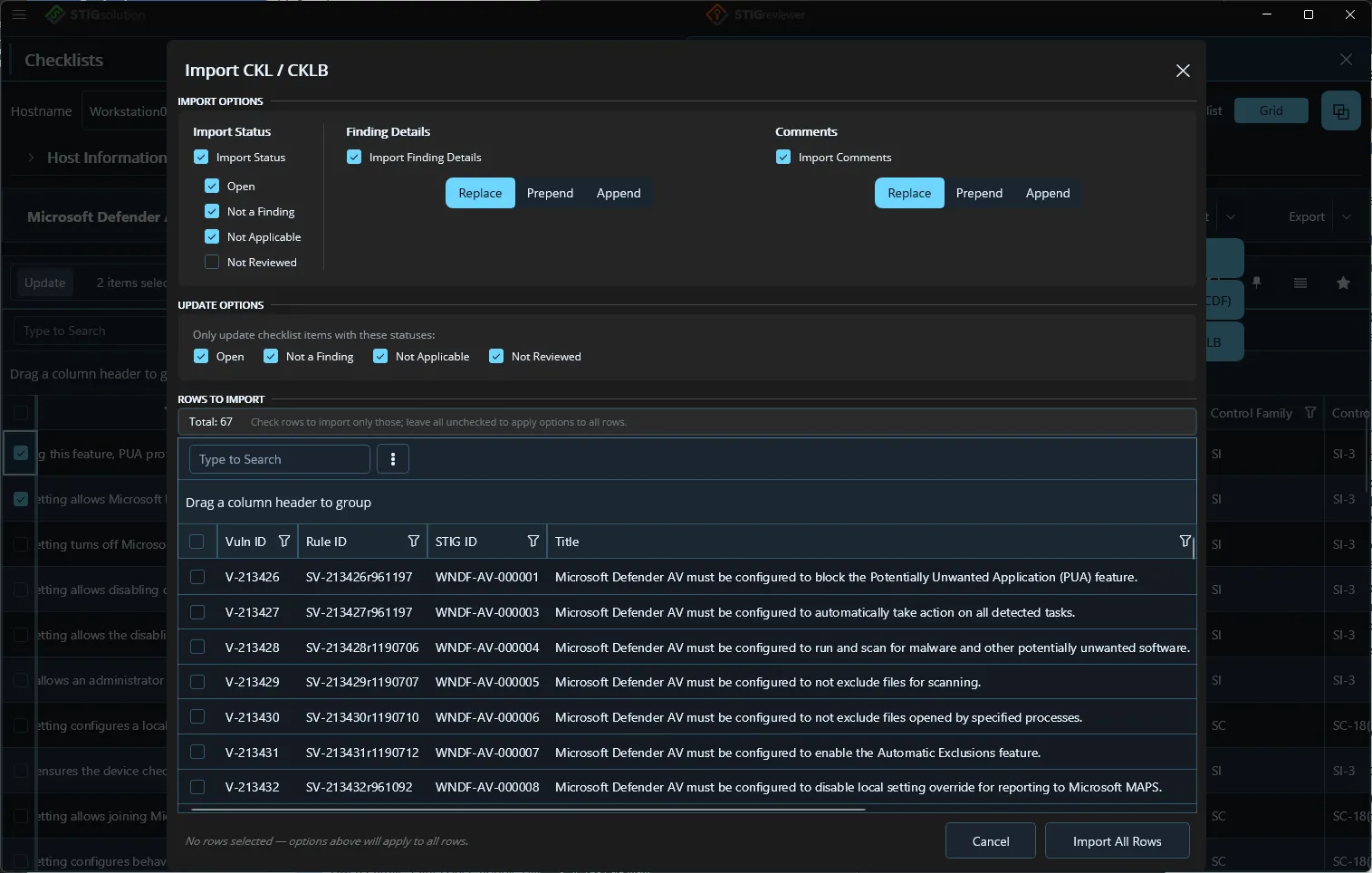 The Import CKL / CKLB dialog, choosing what to import and which rows