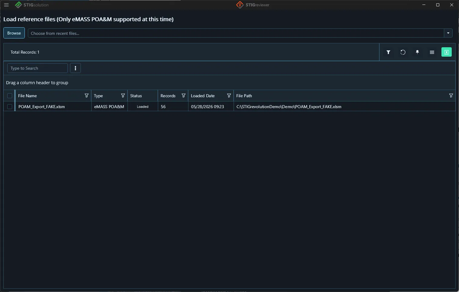 The Reference Files page listing a loaded eMASS POA&amp;M export