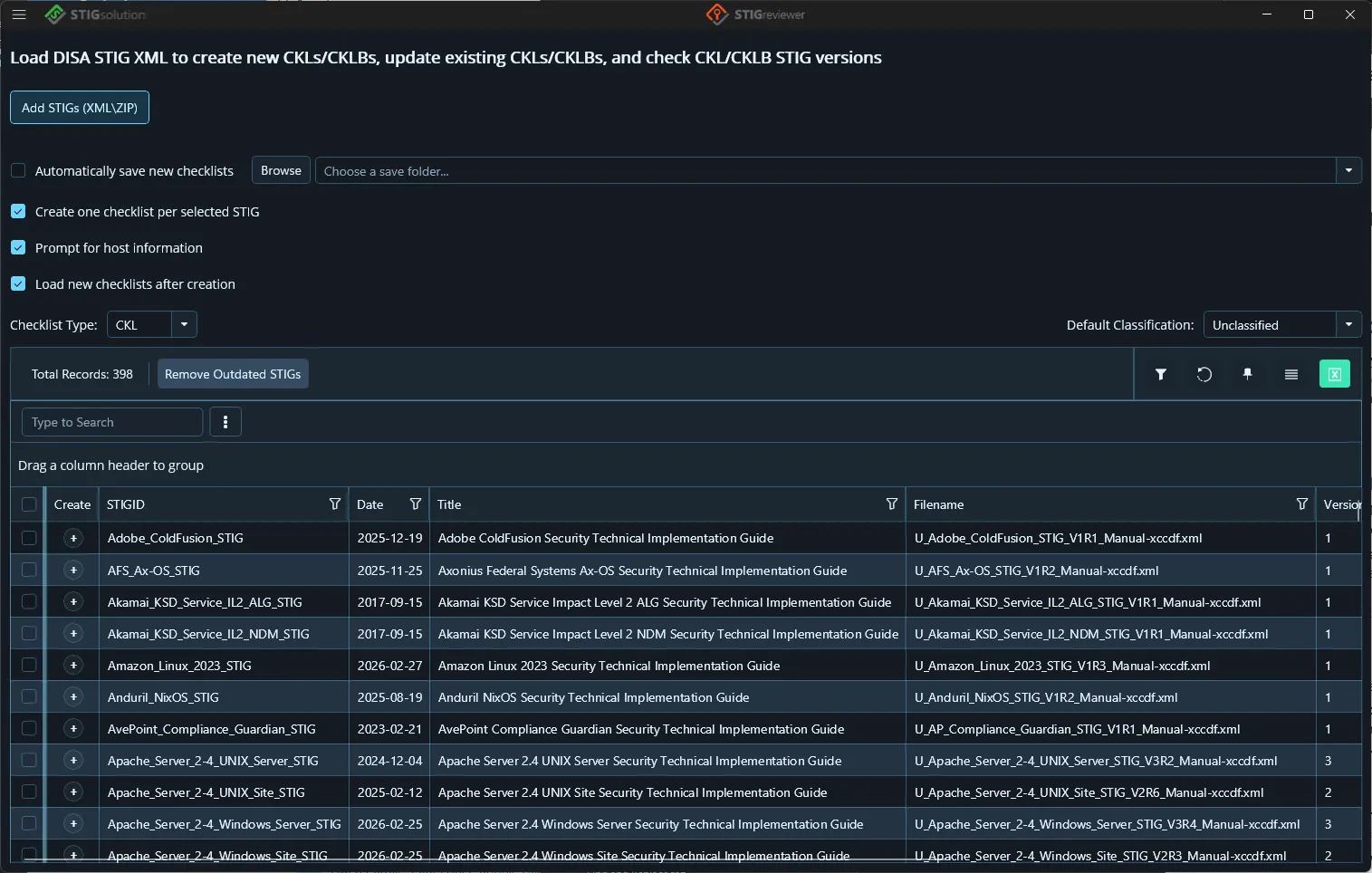 The STIG Library page listing loaded DISA STIGs with their dates and versions