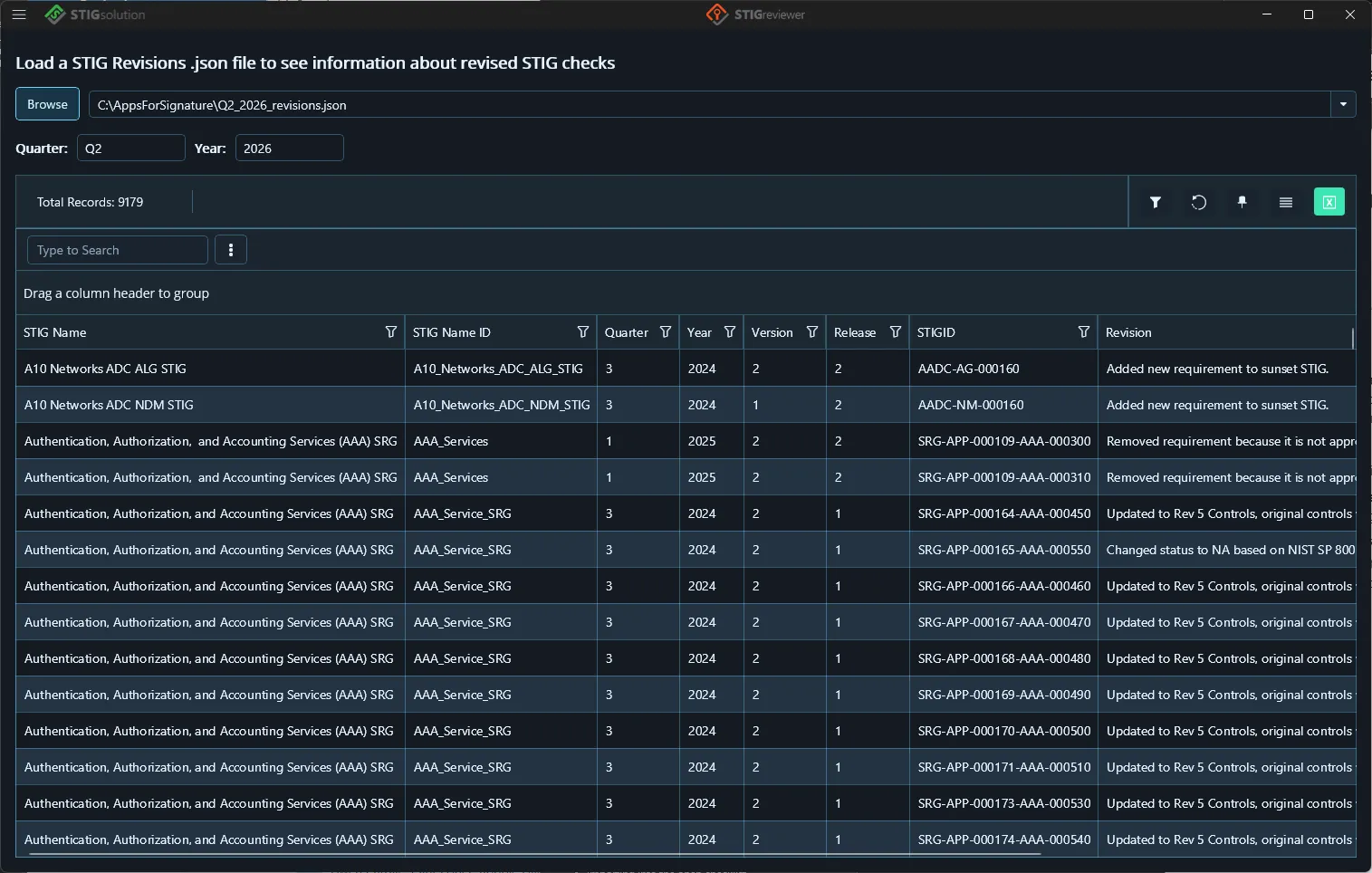 The STIG Revisions page with a quarterly revisions JSON file loaded