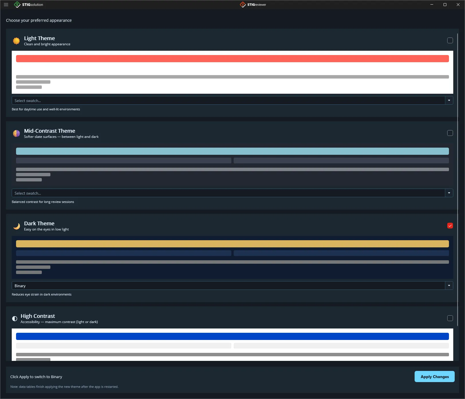The Theme Settings page with light, mid-contrast, dark and high-contrast themes
