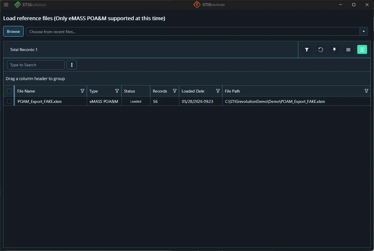 The Reference Files page with an eMASS POA&M export loaded