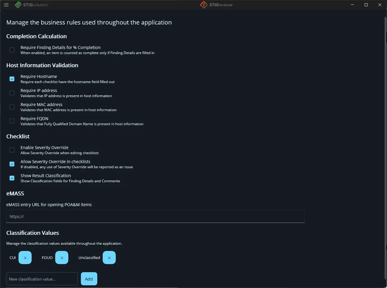 The Business Rules page: completion calculation, host information validation, checklist, eMASS and classification settings