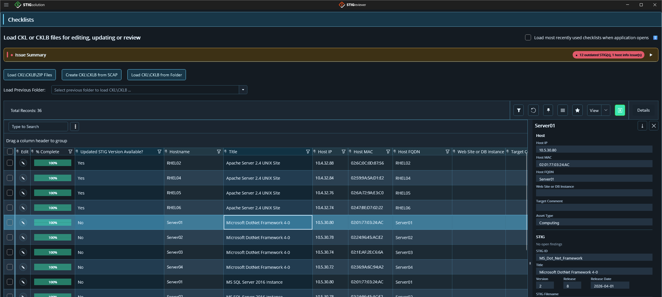 STIGreviewer’s checklist inventory, flagging outdated STIGs and a host information issue across the loaded checklists