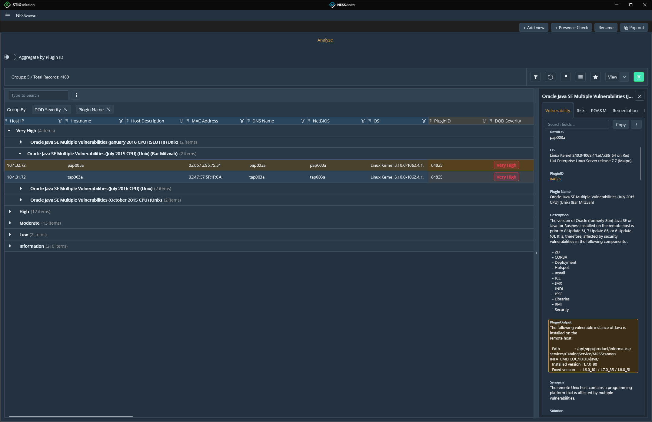 NESSviewer showing aggregated findings across multiple scans