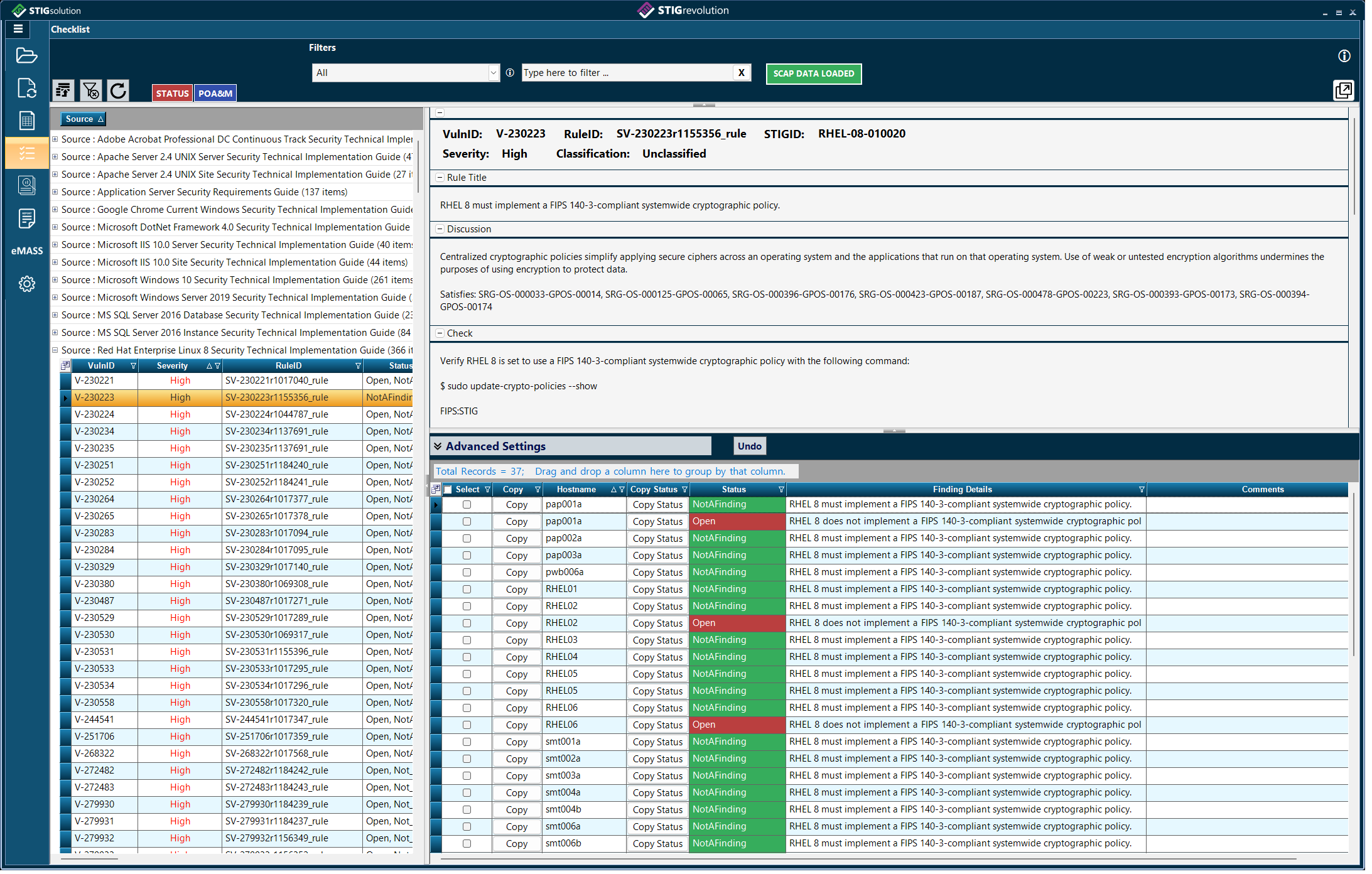 STIGrevolution showing a bulk operation across many checklists